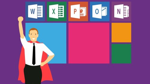 Mann mit Umhang vor den Symbolen der Software, die zu Office 365 gehört