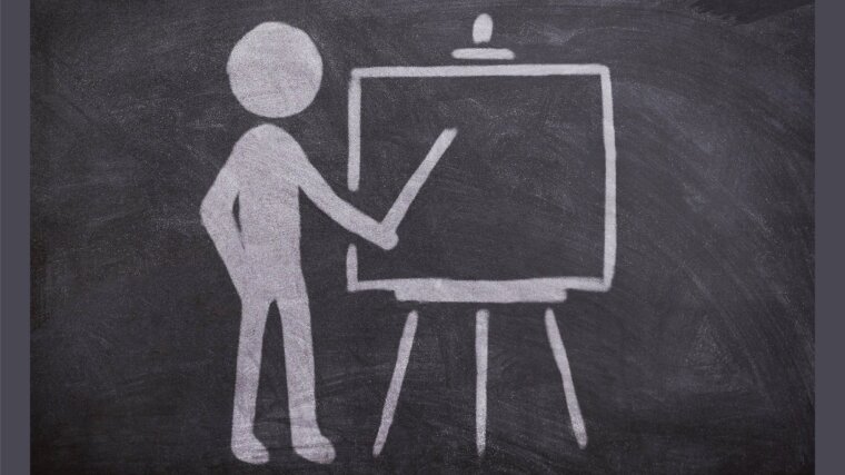 Chalk illustration of a figure showing something on a chalk board